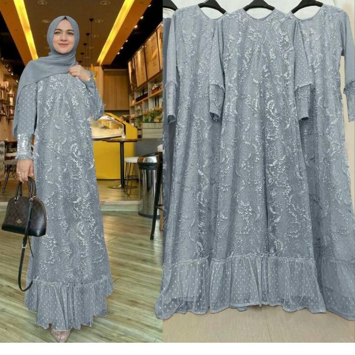 Termurah ISG√Gamis Humaira brokat tile mutiara M-L-XL-XXL JUMBO / Gamis wanita brokat / Gamis brokat