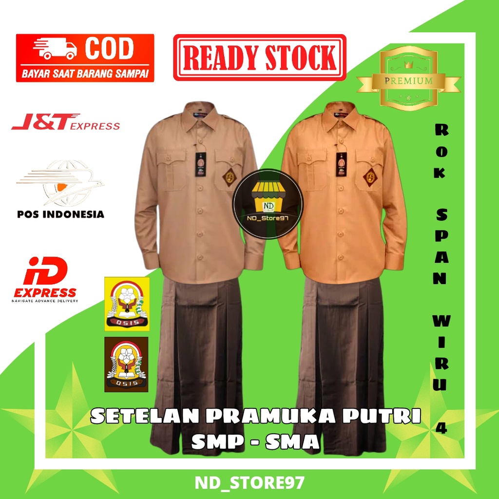 Setelan Seragam Pramuka SMP SMA Putri / Perempuan Model Baju Saku 2 Depan Lengan Panjang + Rok Span 