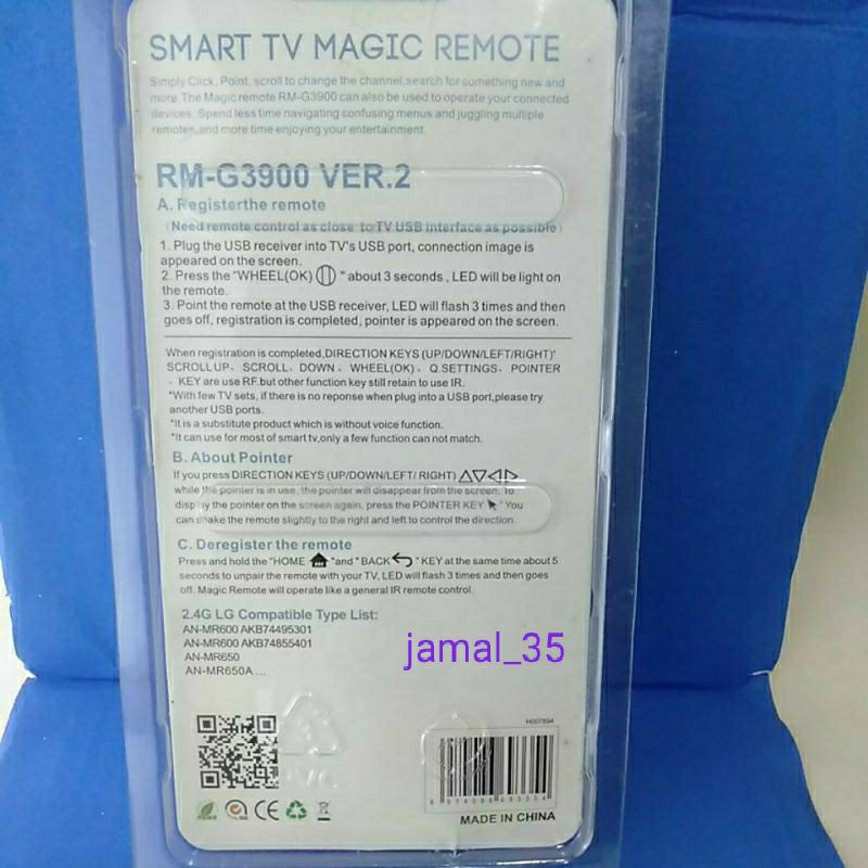 REMOTE REMOT TV LG MAGIC AN-MR600 AN-MR650 AN-MR650A RM-G3900 VER.2