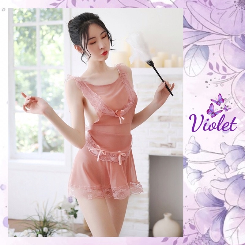 Violet Lingerie Baju Tidur + G-string Sexy Pakaian Dalam Renda Transparan Erotis Maid Cosplay 1087