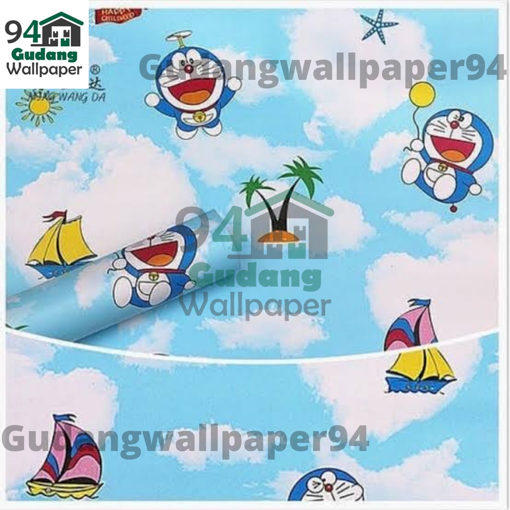 (COD) Gudang Wallpaper Dinding Kamar Tidur Motif Doraemon Awan / Anti Air Bahan PVC Premium Anti Air 10 Meter