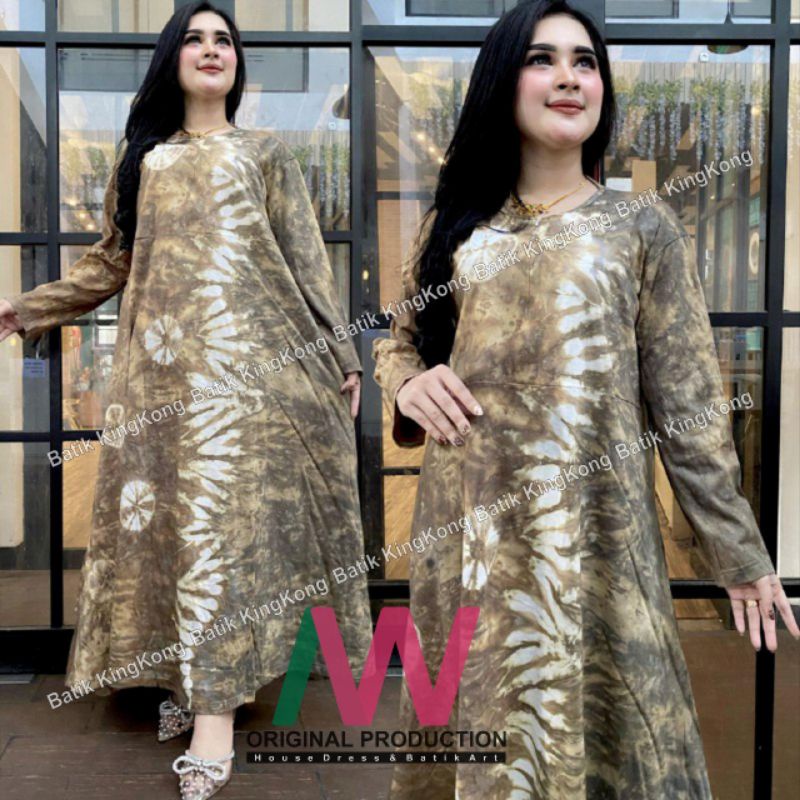 DRESS WANITA KEKINIAN JUMBO PANJANG SEMATAKAKI MOTIF ABSTRAK BUSUI RESLETING KATUN ADEM MURAH