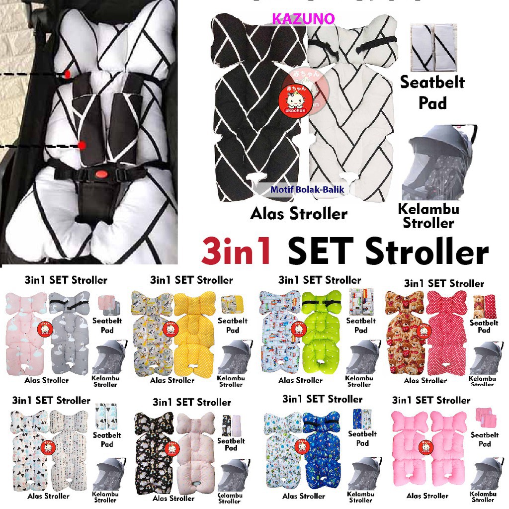 PREORDER SET Stroller Pad + SEAT BELT (2in1)  &amp; Stroller PAd + seatbelt + kelambu (3in1) 4in1 po