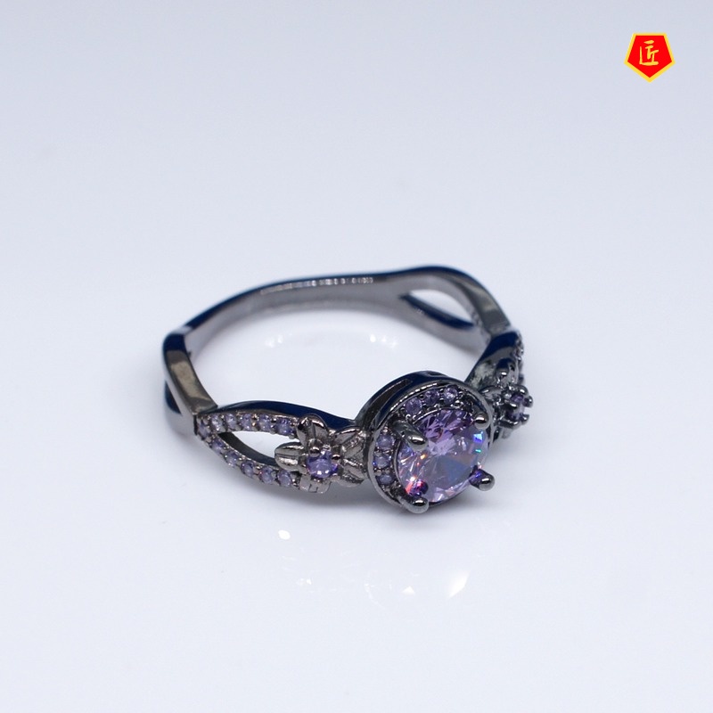 [Ready Stock]Purple Diamond Black Gold Ring Female Creative Personality