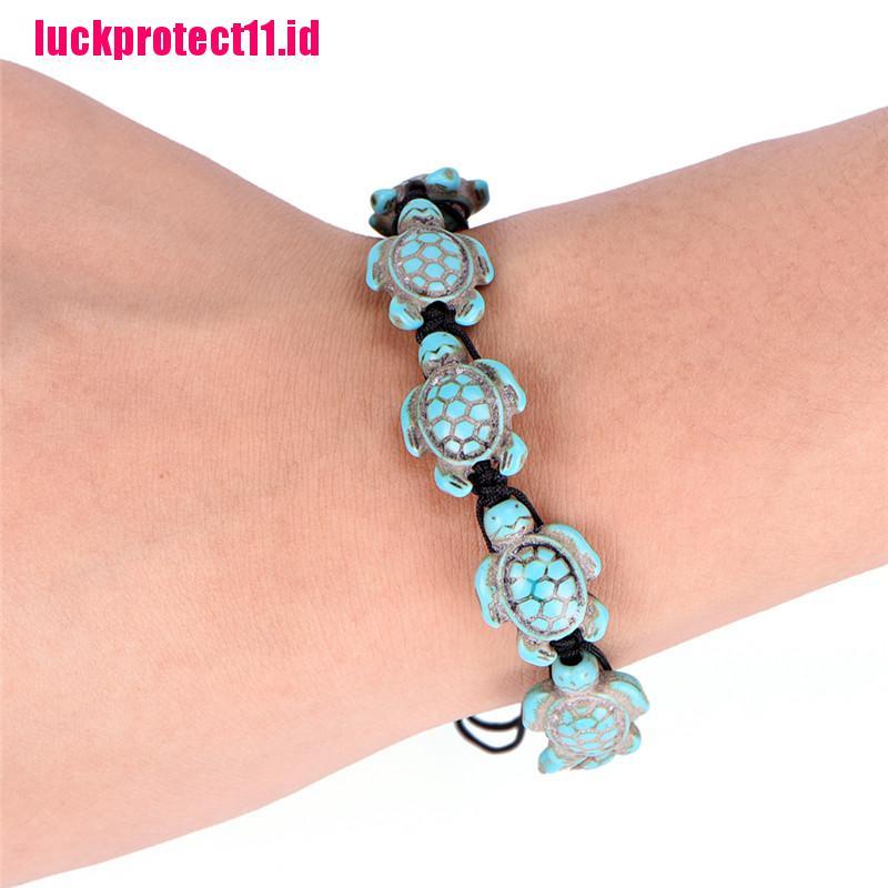 (LUCK) Gelang Tangan Tali Kepang Adjustable Aksen Kurakura Turquoise Vintage Bohemia Untuk Wanita