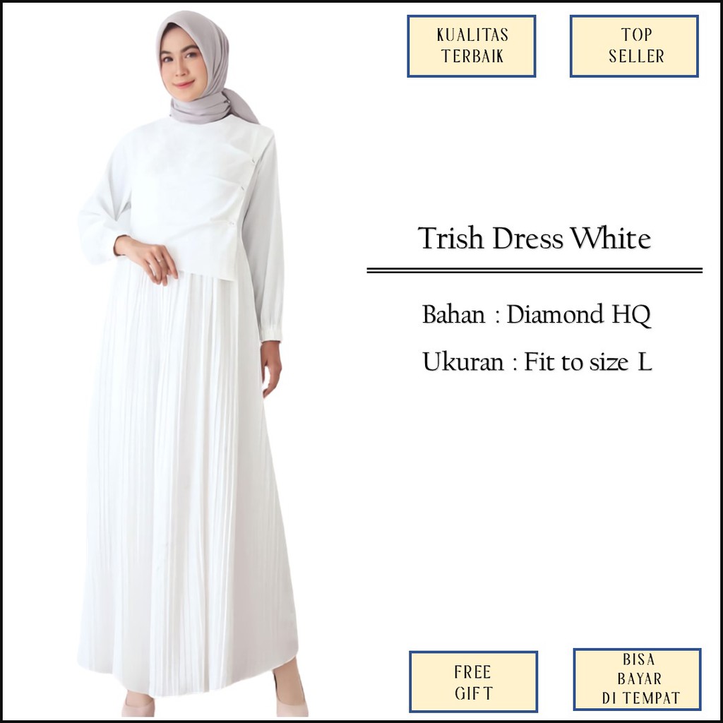 Baju Gamis Umrah Lebaran Syari Broken White Putih Tulang Plisket Syari Bahan Diamond Size XS XL Jumb