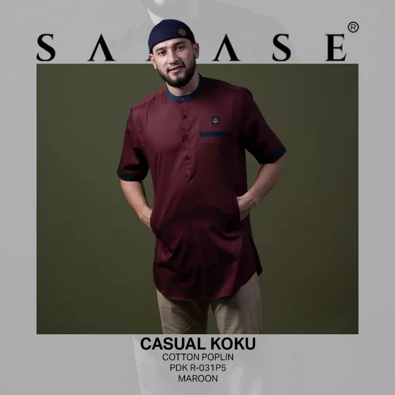 Baju Samase Koko Kurta Koku Casual R 031 P - Maroon - Cotton Poplin - Lengan Pendek