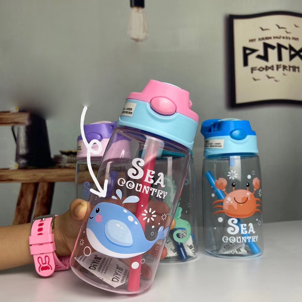 Botol Minum Plastik Portable 480ml Motif Kartun Lucu Untuk Outdoor / Olahraga / Travel / Musim Panas