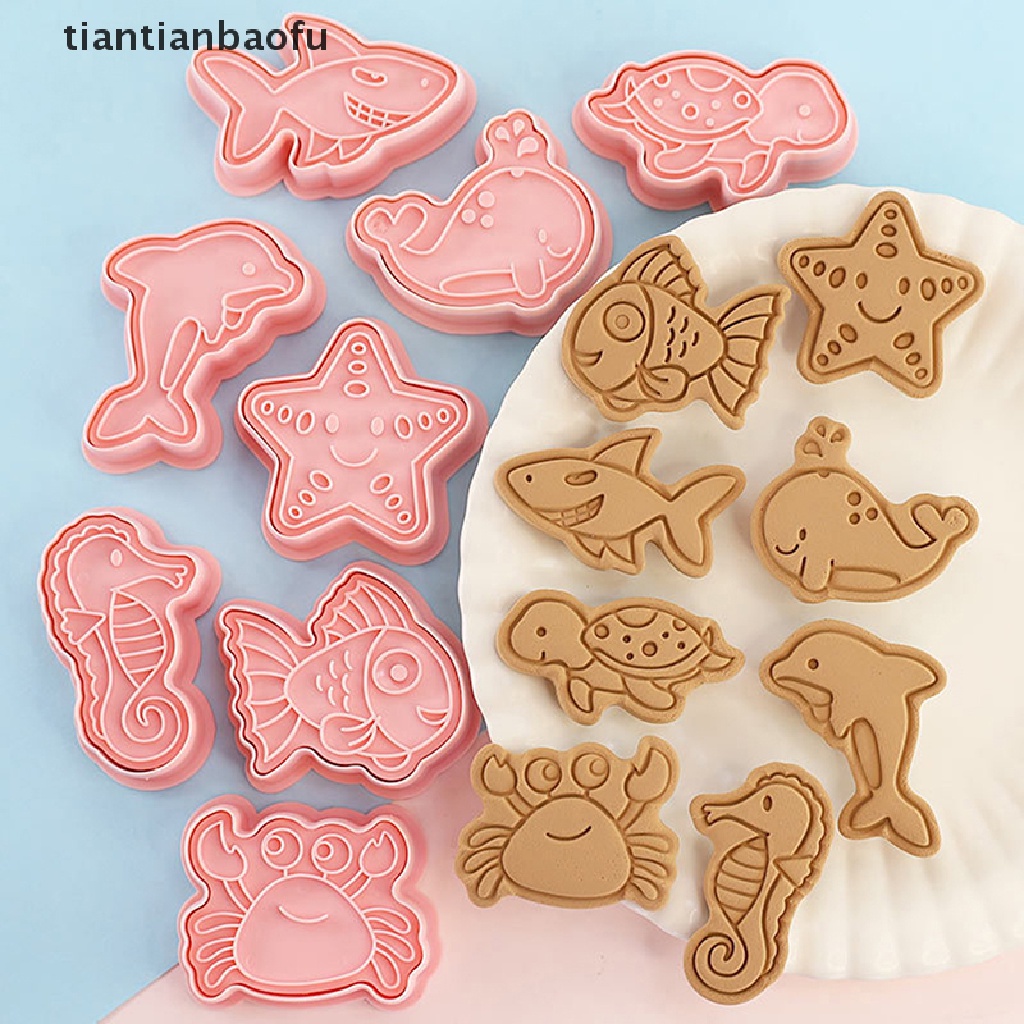 8pcs / Set Cetakan Pemotong Kue / Biskuit / Fondant Bentuk Kartun Hewan Laut / Kepiting / Lumba-Lumba 3D DIY