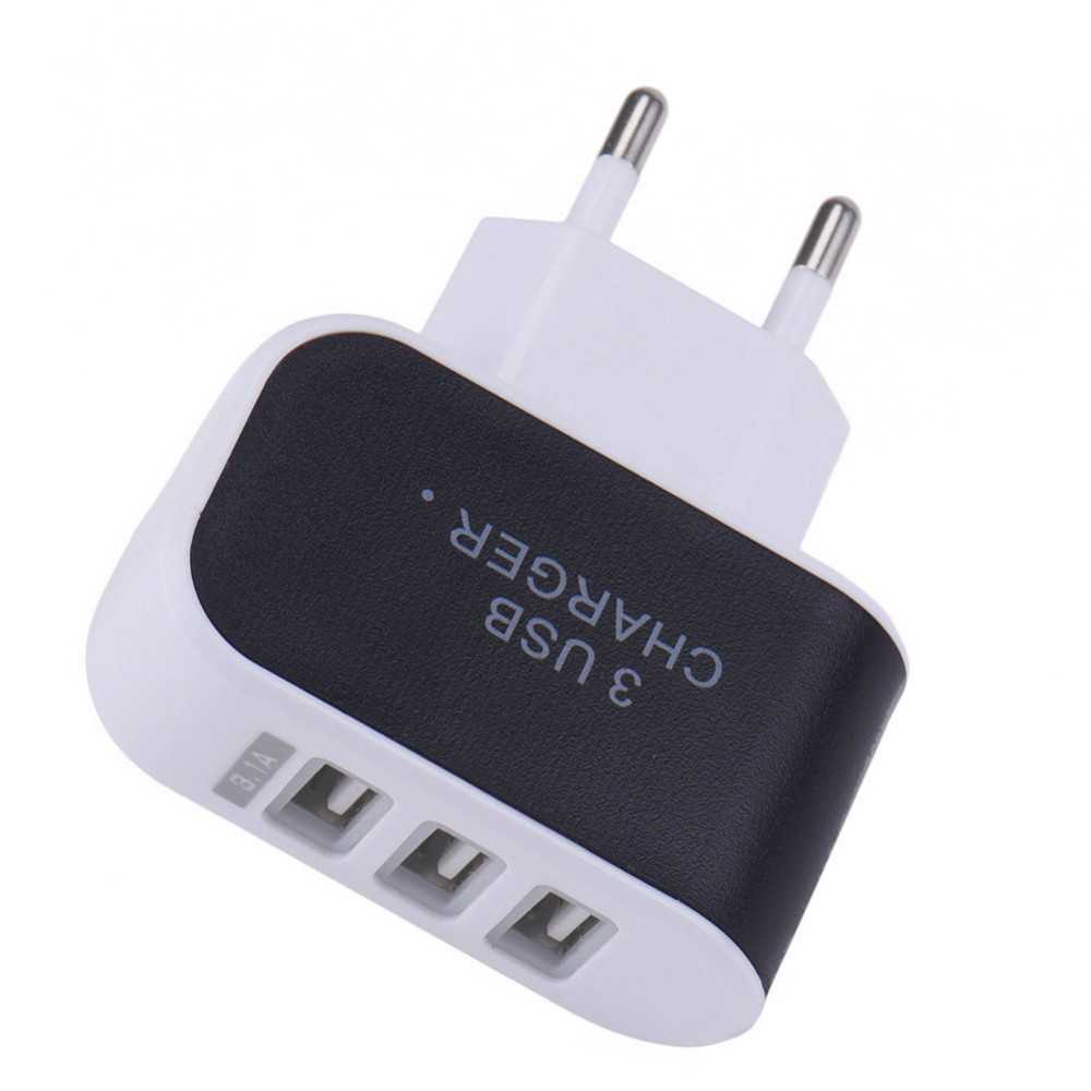 Adapter Travel Charger USB 3 Port 5V 3.1A EU Plug LED - EKA-Hitam