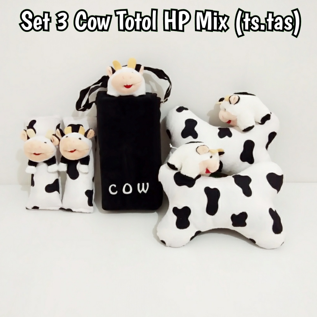 bantal mobil set 3 Sapi totol hitam - putih (Tisu tas)