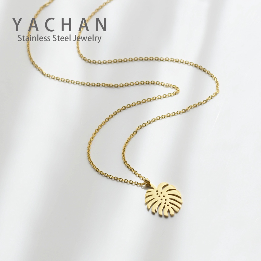 14K emas emas daun stainless steel liontin kalung hipster indah glossy logam titanium baja klavikula