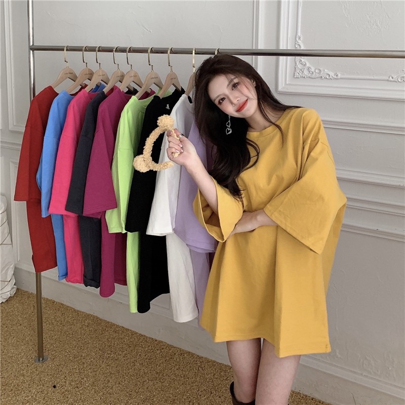 Panjang Warna Solid SederhanaTT-shirt Wanita Dasar Baru Longgar Pelangsing Pullover Top