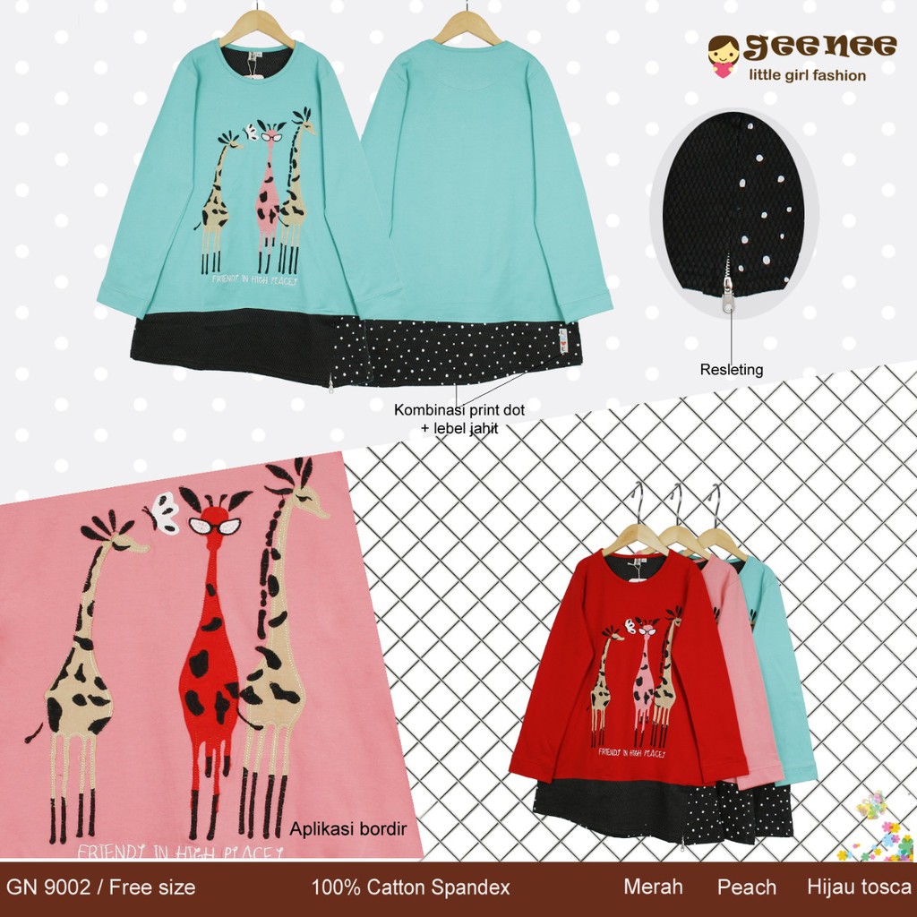 Kaos geenee anak perempuan tangan panjang gambar jerapah tiga warna