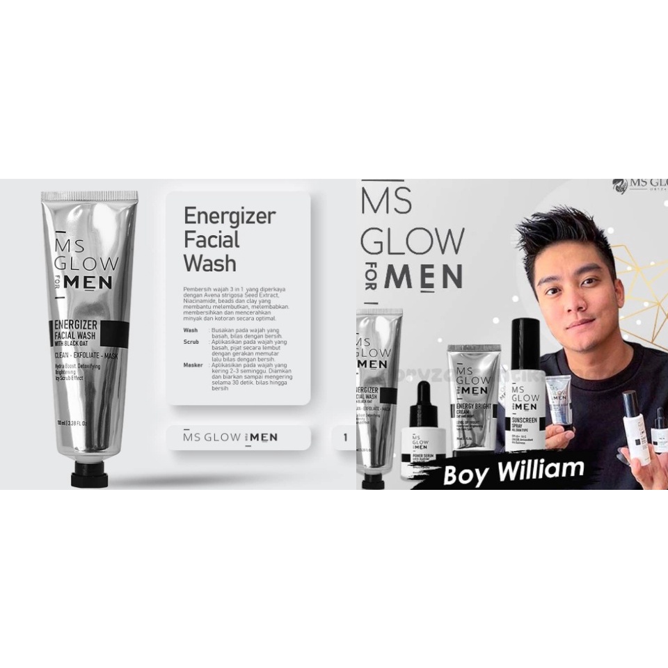 MS Glow For Men Sabun Wajah Energizer Facial Wash 3in1 Wash Scrub dan Masker