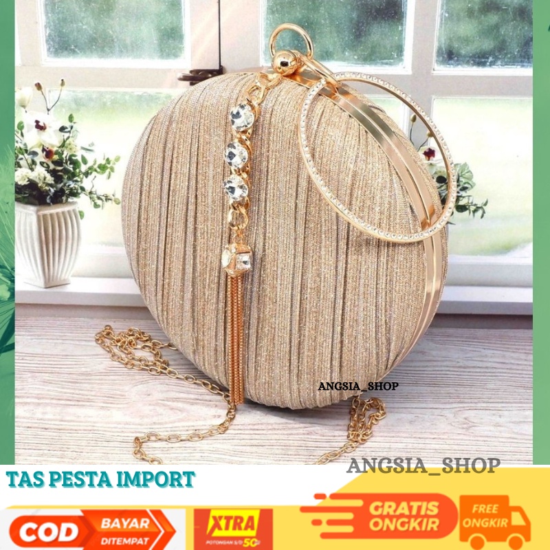TERLARIS !!! Tas Pesta Kondangan Wanita Import Kristal Kain Satin Lucu warna black,gold,silver bahan satin halus tas pesta bulat wanita elegan clucth pesta bulat kristal clucth wanita pesta kondangan