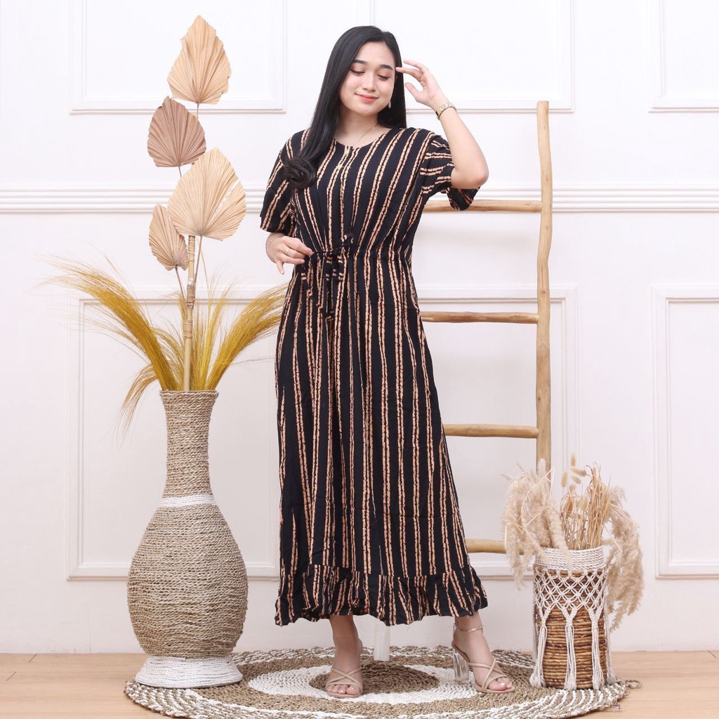 Daster Kekinian Salur Serut Rayon Premium Dress Wanita Lengan Pendek Baju Casual LD 110 cm