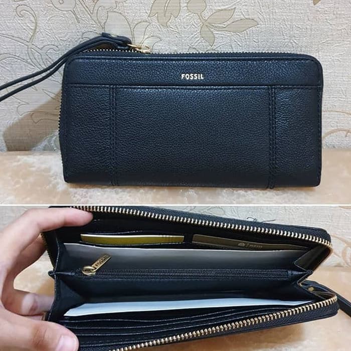 dompet Fossil jori zip long clutch wallet black leather original