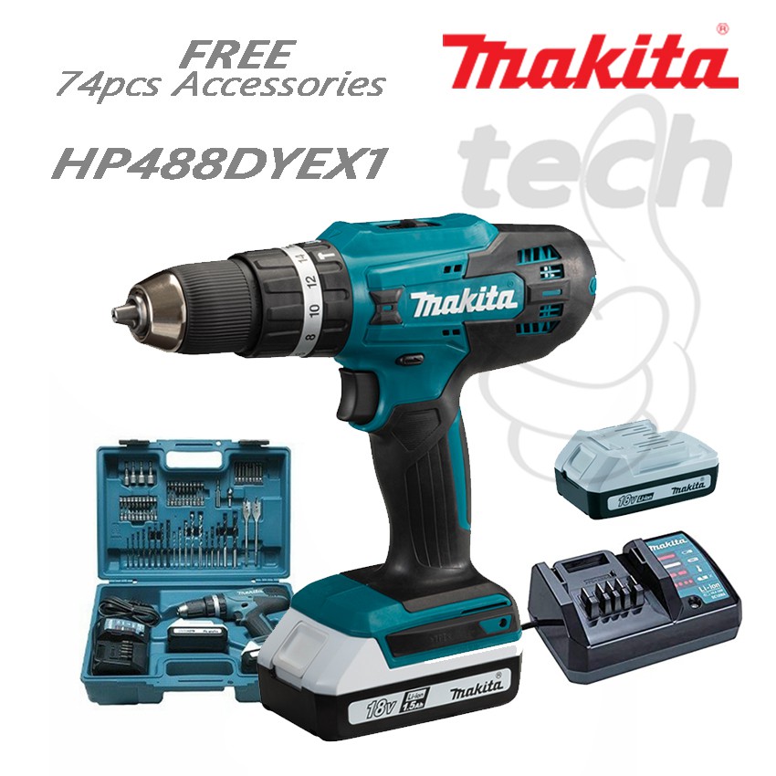 Mesin Bor Tembok Baterai Cordless Impact Drill Makita HP488D HP488 HP 488 D 74pcs