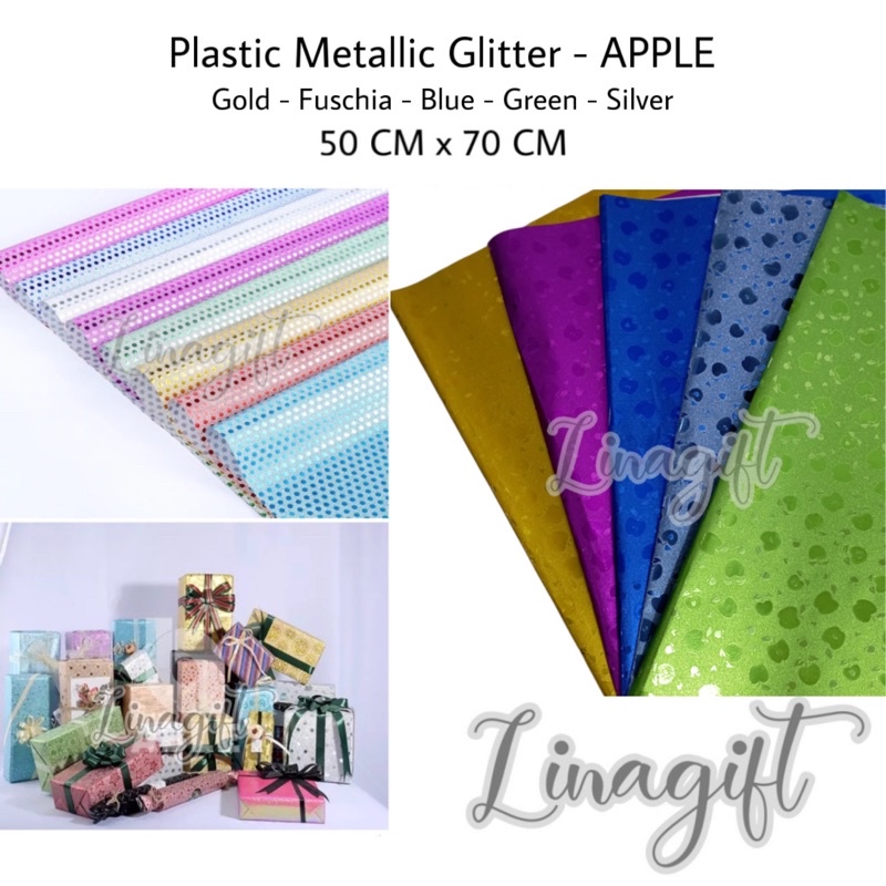 ( 3 Lembar ) PLASTIC METALLIC GLITTER - APPLE -  KERTAS KADO PLASTIK KADO EXCLUSIVE GLITER PERAK SILVER METALIC LOVE STAR SALUR AKAR EXCLUSIVE ELEGAN FANCY GIFT WRAPPING PLASTIC 2 WARNA BICOLOR DOUBLE SIDE WARNA SILVER GOLD TOSCA BLUE