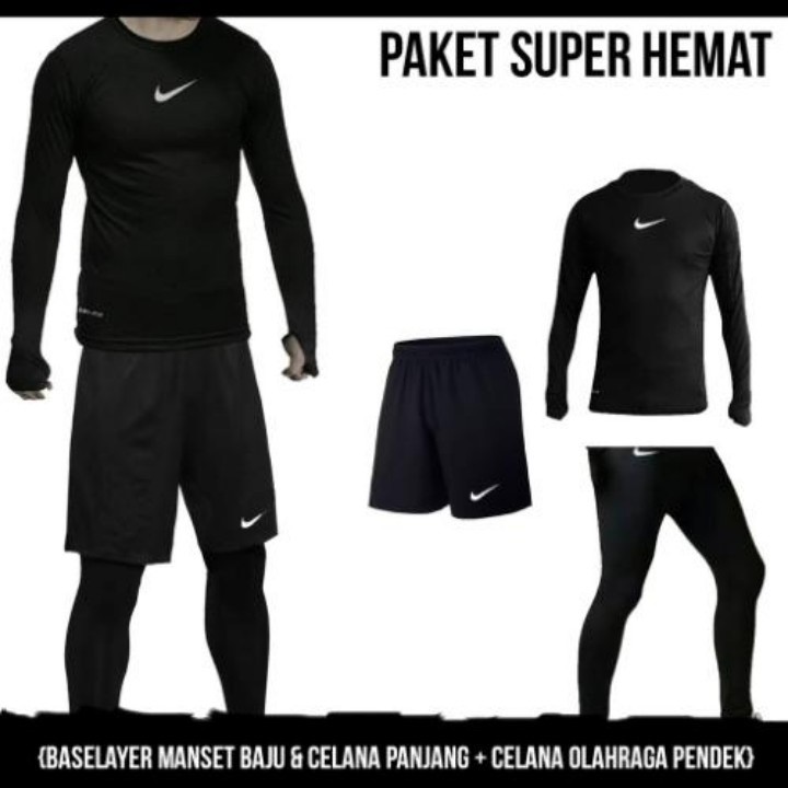 PAKET HEMAT MANSET BASELAYER BAJU &amp; LEGING PANJANG + CELANA PENDEK OLAH RAGA STRECH