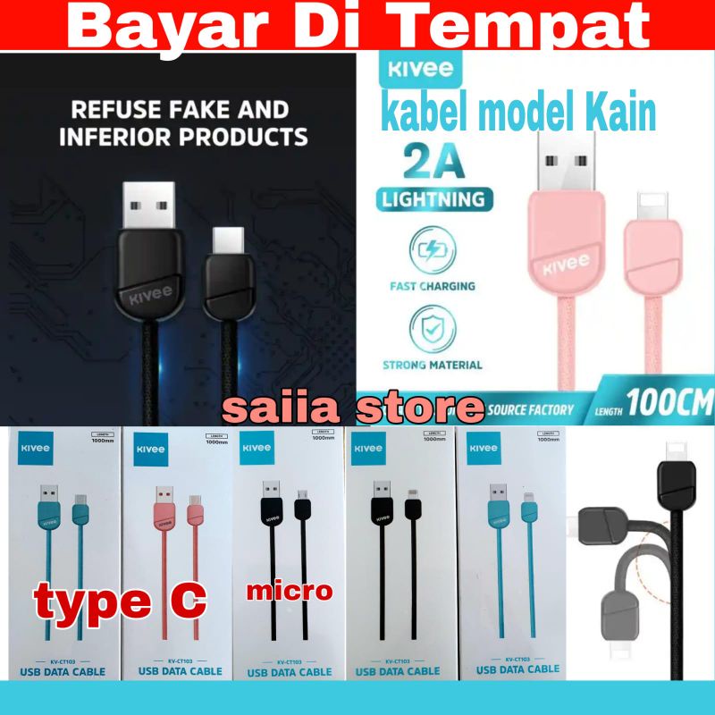 Kabel Data Kivee Bahan Kain Fast Charging Kabel Micro USB, Lighting dan Tipe C