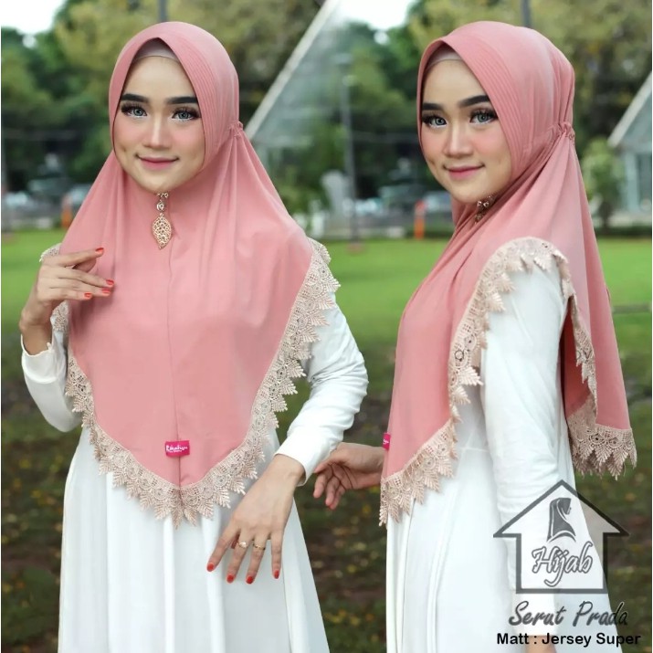 Jilbab Instan Serut Prada Renda Import Jersey Super Premium Model Bergo Terbaru-Peach