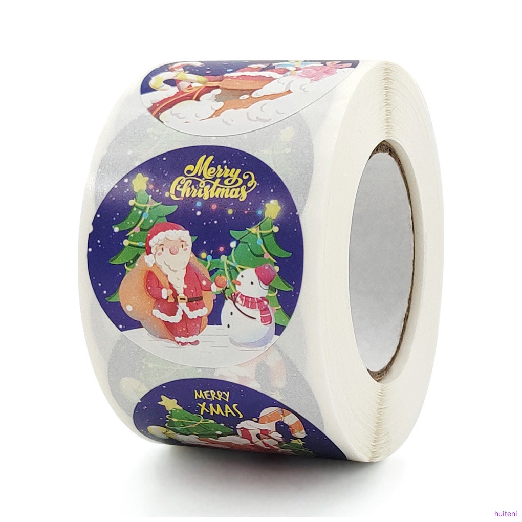 500pcs / Roll Stiker Kertas Motif Santa Claus Tema Natal Bentuk Bulat Untuk Kotak Hadiah