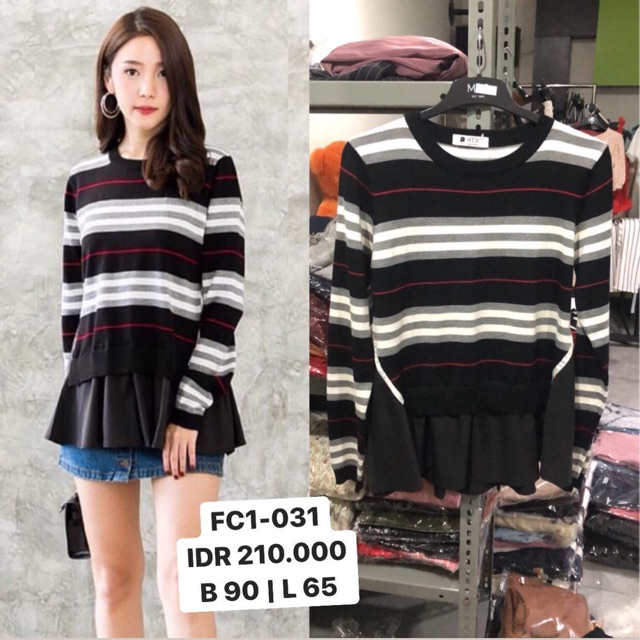 Baju Lengan Panjang Wanita Import Bahan Rajut Motif Stripe