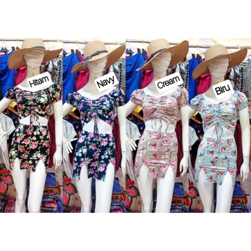 Set sabrina crop top  bunga-bunga rok span belah
