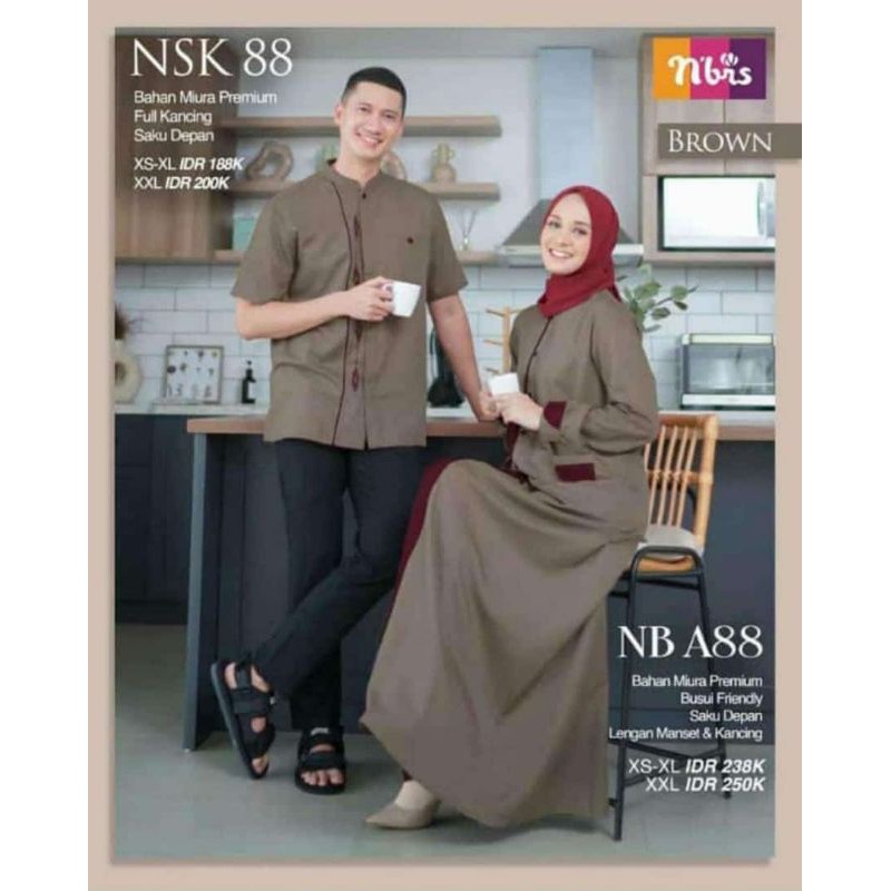 Couple Original NSK 88 Brown by Nibras|Couple Suami Istri|Baju Couple|Gamis Maroon|Koko Brown Adem