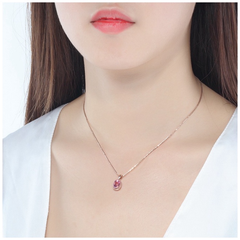 Kalung Lapis Rose Gold Emas Asli Kadar 375Hias Liontin Kristal Turmalin Pink Untuk Wanita