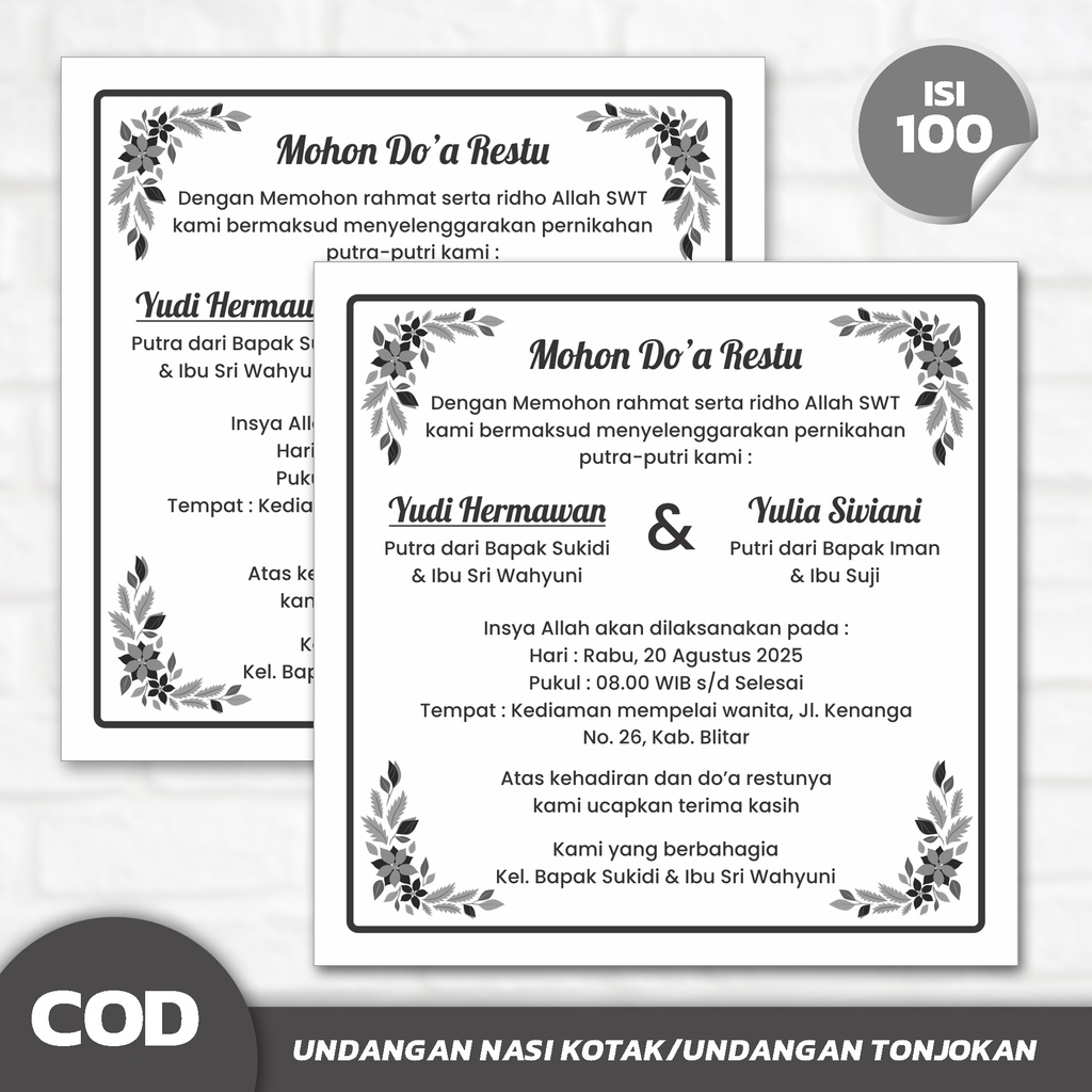 Jual Isi 100 Undangan Nasi Besek/Kotak, Undangan Punjungan, Undangan