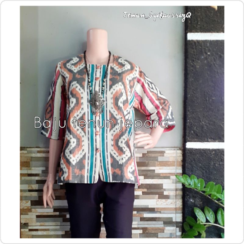 Blouse blazer tenun resleting jaket kombinasi lurik BTB60