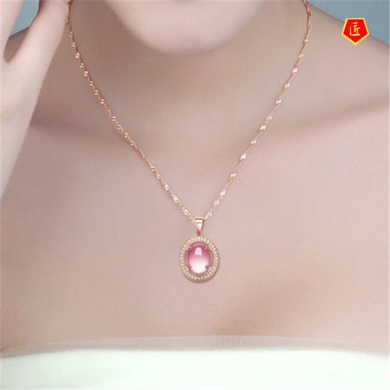 [Ready Stock]Rose Gold Micro-Inlaid Pink Crystal Rose Quartz Pendant Silver Necklace