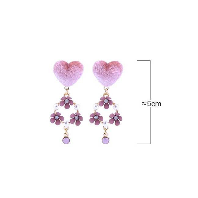 LRC Anting Tusuk Fashion Pink S925 Sterling Silver Drip Flower Heart-shaped Flannel Earrings D03294