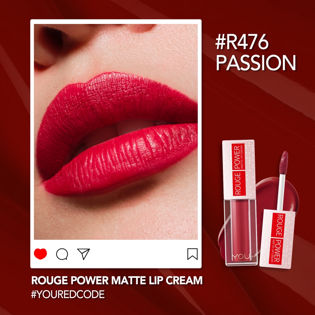 YOU Rouge Power Matte Lip Cream 5gr | Matte Finish, Tahan Lama, Waterproof, Nourishing + Manuka Honey | Lip Matte | Lipstick | BPOM