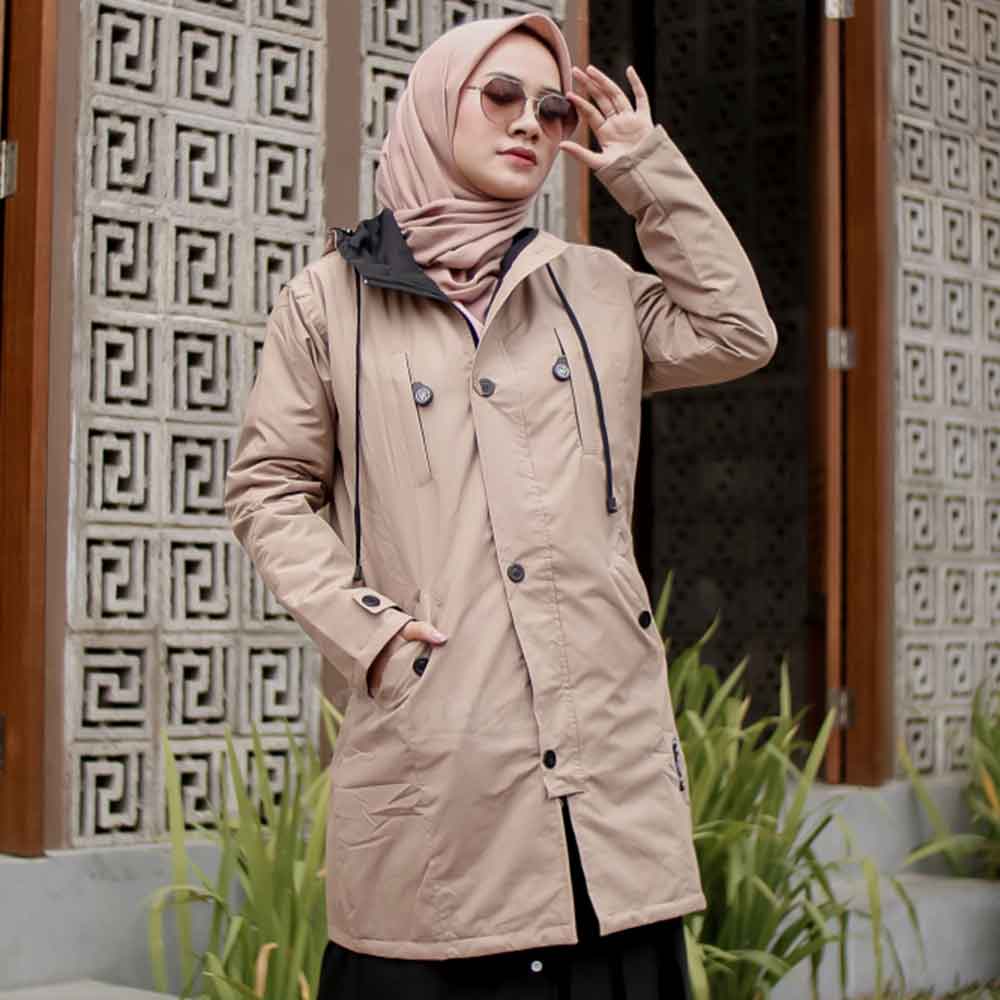 Jaket Jacket Parka Wanita Cewek Muslimah Hijabers Kekinian Terbaru Hijacket Hijaket Hoodie IXR Cream-3