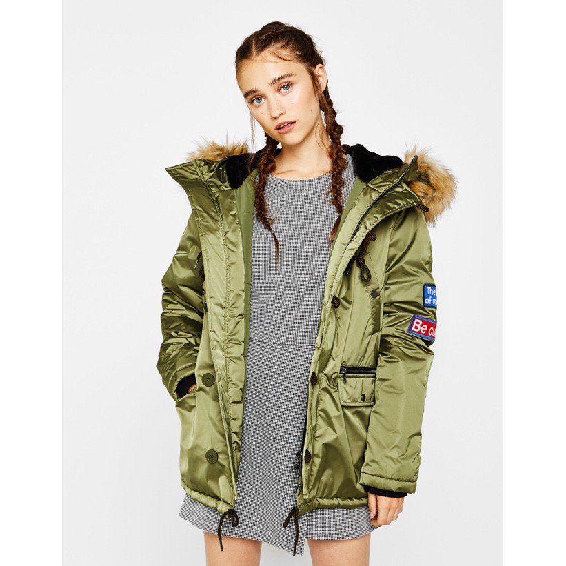 Jastip Bershka Parka with patches and detachable faux fur