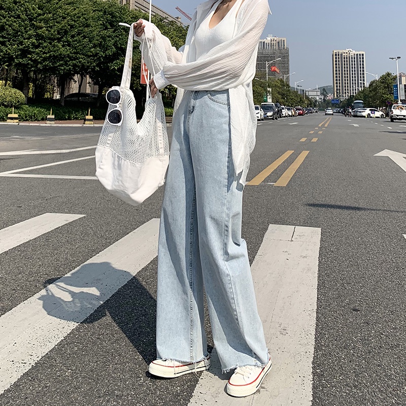 korean style new biru muda straight boyfriend celana jeans longgar wanita
