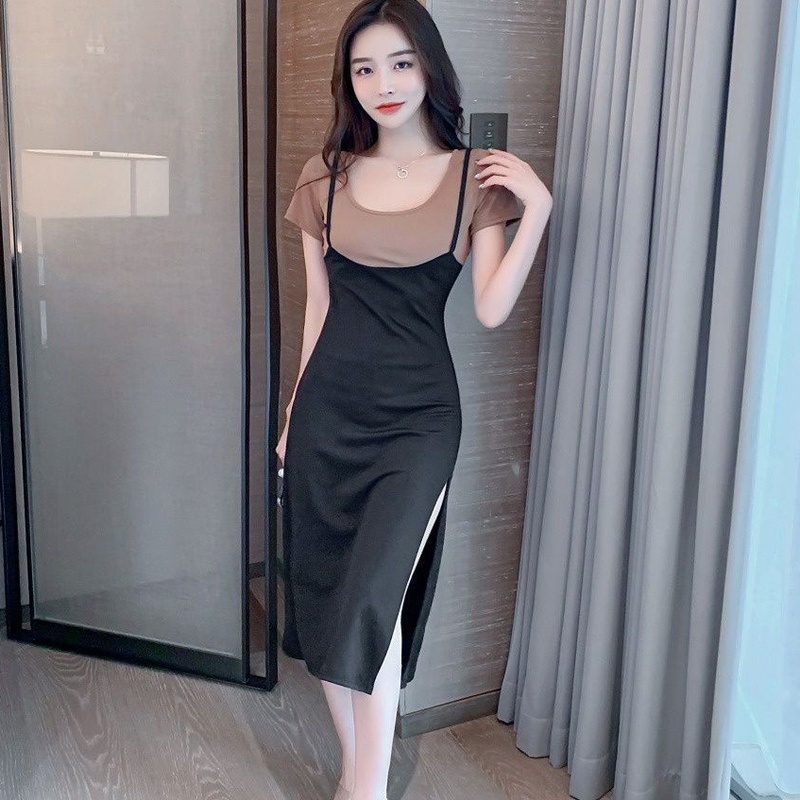 One Set U Neck Crop Tee Top+ Slit Midi Dress with Side Split 1330 (S/M/XL)