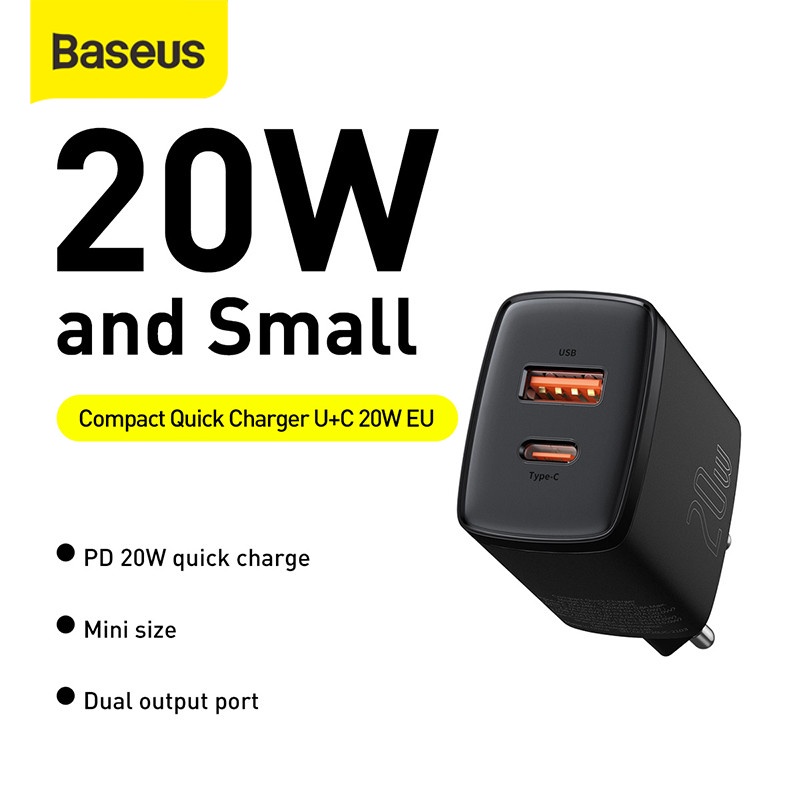 BASEUS COMPACT ADAPTOR ADAPTER KEPALA CHARGER QC 3.0 TYPE C + USB 20W FAST CHARGING IPHONE SAMSUNG XIAOMI OPPO VIVO