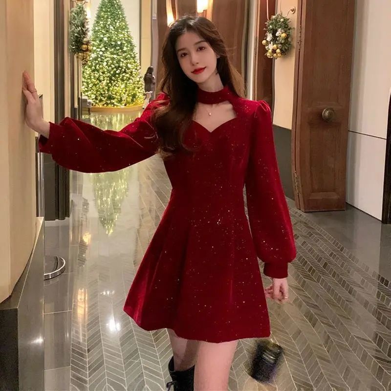 New year's red velvet dress new winter Plush minority design temperament annual meeting dress short