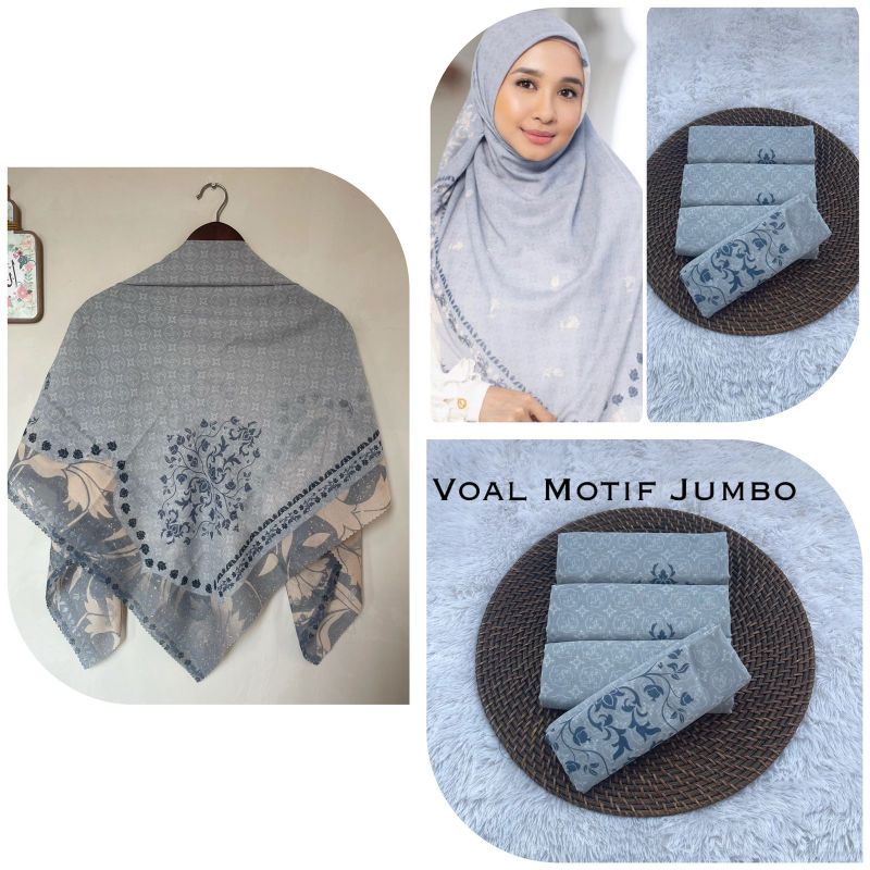 Terbaru !! Hijab Voal Syar'i Ukuran Jumbo 130×130 Motif Bella Series Kerudung Segiempat Motif Jilbab Khimar-Biru