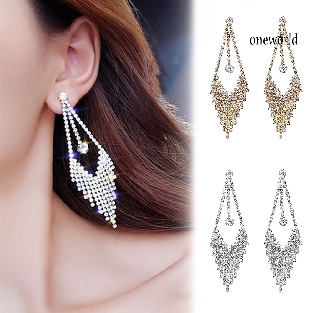 OW@ Luxury Geometric Tassel Rhinestone Long Dangle Women Stud Earrings Jewelry Gift