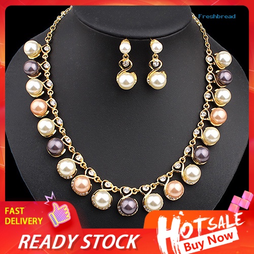 Terlaris Women Faux Pearls Rhinestone Chain Necklace Earrings Wedding Bride Jewelry Set