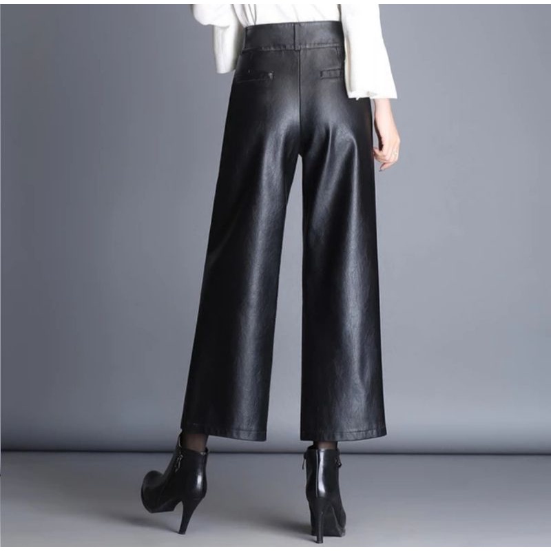 High waist pants faux leather celana kulit PU kulot wanita hitam