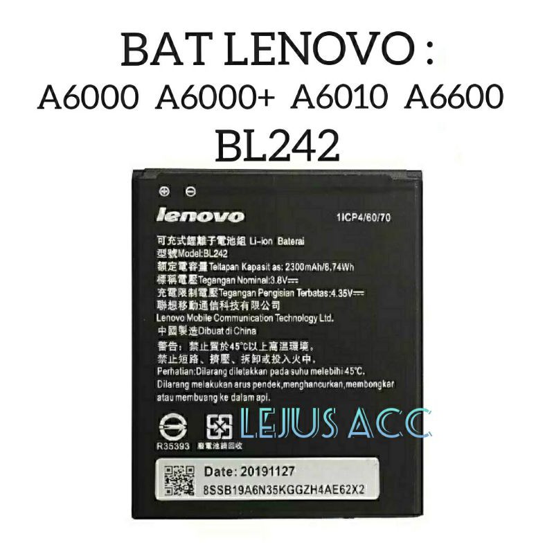 Baterai Batre Battery Lenovo A6000 A6000+ A6000 Plus A6010 A6600 BL242 original