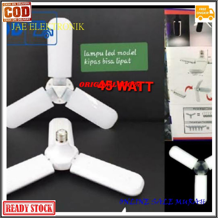 G490 LAMPU LED KIPAS BOHLAM LAMP 45 watt wat ORIGINAL G490 PUTIH WHITE CAHAYA SUPER TERANG FAN BULB  SUPER AWET  SUPER TERANG  Spesifikasi : Tipe : Fan Blade LED Bulh Watt : 45 watt Fitting : E27 Fungsi : AC Voltase : 170-265V / 50Hz Fluks Cahaya : 3000 L