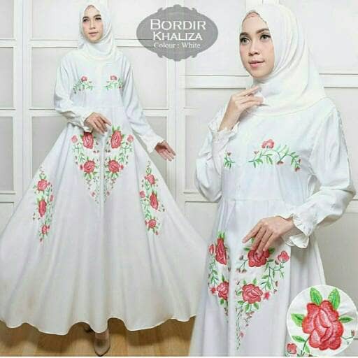 Syari Khaliza Bordir White Busana Muslim Modern Kekinian Gamis Pesta
